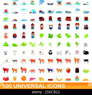 100 universelle Symbole. Zeichentrickillustration von 100 universellen Symbolen Vektor-Satz isoliert auf weißem Hintergrund. 100 universelle Symbole im Cartoon-Stil Stock Vektor