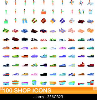 100 Symbole anzeigen. Zeichentrickillustration von 100 Shop-Icons Vektor-Set isoliert auf weißem Hintergrund. 100 Symbole im Zeichentrickstil anzeigen Stock Vektor