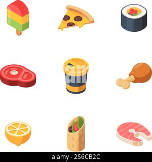 Isometrische Lebensmittel. Sushi Mahlzeit Brot Obst Fisch Vektor Low Poly 3D Website Symbole. Illustration Sushi und Mahlzeit, isometrisches Essen. Isometrische Lebensmittel. Sushi Mahlzeit Brot Obst Fisch Vektor Low Poly 3D Website Symbole Stock Vektor