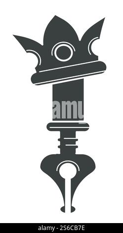 Königlicher Stift in Krone isolierte Ikone, Schreib- und Copywriting-Tool-Vektor. Kalligrafie-Zubehör, Geschichtenerzähler und Schreibgeräte. Monarchie-Symbol und Federende, klassisches Autoreninstrument. Copywriting-Werkzeug, königlicher Stift in kronenisolierter Ikone Stock Vektor