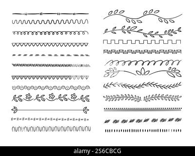 Handgezeichnete Linien. Webteiler schraffieren Bleistift Scribble Vektor unterstrichen. Satz unterstrichener Zeichnungen, Konturrand. Handgezeichnete Linien. Webteiler schraffieren Bleistift Scribble Vektor unterstrichen Stock Vektor