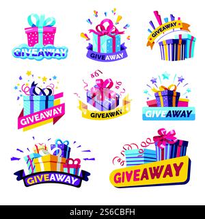 Geschenkboxen, Geburtstags- und weihnachtsgeschenke oder Werbeaktionen, Wettbewerbe Preis isolierte Icons Vektor. Marketingstrategien, Werbung in sozialen Netzwerken. Geschenke für „Like“ oder „Repost“, Geschäftskonto. Werbegeschenke isolierte Ikonen, Preise für Social-Media-Wettbewerbe Stock Vektor