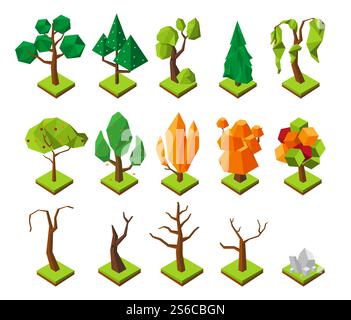 Polygonale isometrische Bäume. Vektorarme Bäume ohne Laub, 3D Sommer- und Herbstwälder. Abbildung eines polygonalen, isolierten Baums. Polygonale isometrische Bäume. Vektorarme Bäume ohne Laub, 3D Sommer- und Herbstwälder Stock Vektor