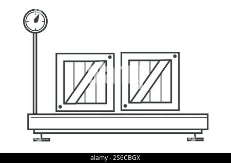 Box auf Speicherwaage isoliertes Umrisssymbol, Logistik und Lieferung, Plattformmaßstab Vektor. Elektronisch-digitale Frachtwaage, Messgerät. Pakete, Fracht und Produkte, Wiegen schwerer Gegenstände. Waage mit Kisten oder Paketen, Porto- und Zustelldienst, Lagerwaage Stock Vektor