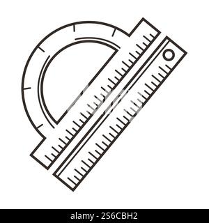 Halbkreismesser und Lineal isolierte Konturobjekte Vektor. Werkzeug für Grundmathematik, geometrisches Zeichnen und Architektur. Geometrieunterricht oder Klassenausrüstung, Winkelmessung. Lineal und Winkelmesser, Schulsachen, geometrische Zeichenwerkzeuge Stock Vektor