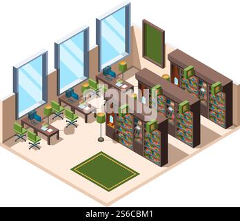 Innenraum der Bibliothek. Universitätsschulzimmer mit Bücherregalen Bibliothekar Campus Vektor isometrisches Gebäude. Innenausstattung der Bibliothek, Möbel 3D-Bücherregal, Illustration der Universität oder Schule. Innenraum der Bibliothek. Universitätsschulzimmer mit Bücherregalen Bibliothekar Campus Vektor isometrisches Gebäude Stock Vektor