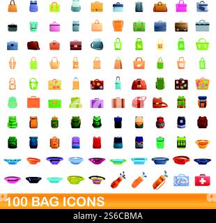 100 Symbole für Beutel. Zeichentrickillustration von 100 Beutel Icons Vektor-Set isoliert auf weißem Hintergrund. 100 SET mit Symbolen im Cartoon-Stil Stock Vektor