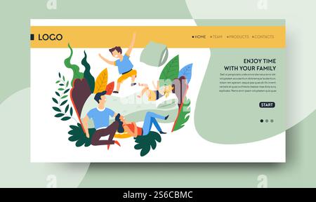 Spaß an Familienaktivitäten, Freizeit Landing Web Page Template Vektor. Spielen im Schlafzimmer, Eltern und Kinder im Bett. Mutter und Vater, Sohn und Tochter, Kissenkampf, Spaß zu Hause. Vorlage für die Landing-Webseite für die Familie, Kissenkampf, zu Hause spielen Stock Vektor