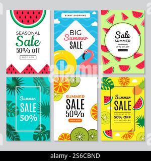 Sommer-Banner. Mobile florale tropische Hintergrund vertikale Landschaft Blatt Blumen Frühling Sommer Pflanzen Verkauf Prootion Vektor-Poster Set. Sommer-Banner. Mobile florale tropische Hintergrund vertikale Landschaft Blatt Blumen Frühling Sommer Pflanzen Verkauf Prootion Vektor Vektor Poster Stock Vektor