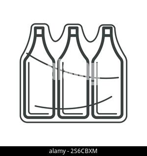 Flaschenverpackung oder Glasbehälter mit Kappe in Packung isolierter Symbolvektor. Trinkwasser in Plastikfolie, Getränk in Schrumpffolie, durchsichtige Plastikfolie. HAUSTIER-verpacktes Getränk, recycelbares Material. Flaschen in Packung, Kunststoffbehälter in Plastikfolie, isoliertes Symbol Stock Vektor