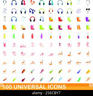 100 universelle Symbole. Zeichentrickillustration von 100 universellen Symbolen Vektor-Satz isoliert auf weißem Hintergrund. 100 universelle Symbole im Cartoon-Stil Stock Vektor