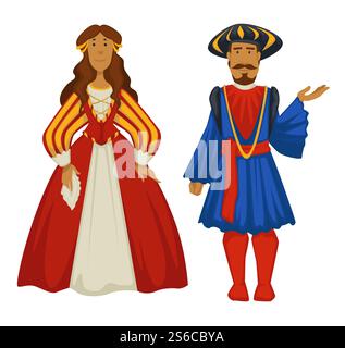 Paar, Renaissance-Stil, Mann und Frau, Ballkleid und Tunika mit Leggings Vektor isolierte Charaktere. Korsett und Kopfschmuck, alte Mode, Kleidung oder Outfit. Bärtiger Mann und Frau im Kleid. Paar im Renaissance-Stil, alte Mode, Ballkleid und Tunika mit Leggings Stock Vektor