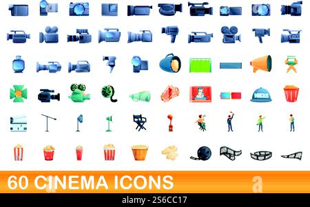 60 Kinosymbole. Zeichentrickillustration von 60 Kino-Icons Vektor-Set isoliert auf weißem Hintergrund. 60 Kinosymbole im Zeichentrickstil Stock Vektor