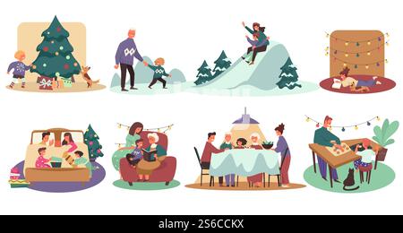 Frohe Weihnachten und Winter Familienferien, Eltern und Kinder Schlittenfahren, Kekse Vektor machen. Weihnachtsfeier, Abendessen, Baum dekorieren. Tauschen Sie Geschenke aus, lesen Sie und besuchen Sie Oma. Weihnachten, Winter und Familie, draußen spielen und feiern Stock Vektor