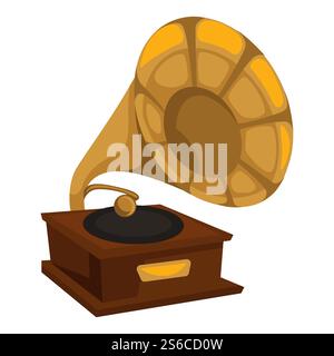 Vinylscheibe spielt, goldenes Grammophon im Stil der 1910er Jahre isolierter Retro-Objekt-Vektor. Vintage-Musik-Player, goldene Röhre und Holzständer. Melodien- oder Musikhörgerät, Wiedergabe von Musikaufzeichnungen. Goldenes Grammophon im Stil der 1910er Jahre, Schallplattenspiel Stock Vektor