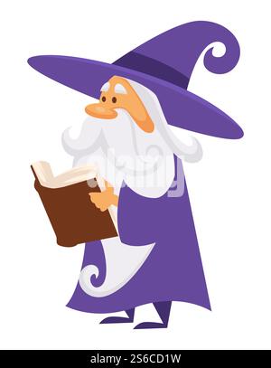 Zauberer oder Zauberer mit Buch, isolierter männlicher Charaktervektor. Zauberer, der Zauber oder Charme liest, Zauberer mit langem Bart im Mantel. Alchemie-Rezepte und mystische Verzauberungen. Zauberer oder Zauberer mit Zauberbuch oder Charme, isolierter Figur Stock Vektor