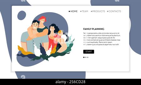 Vorlage für Landing-Webseiten für Familienplanung, Budgetverwaltung und Vektor für Lebenssicherheit. Eltern mit Kindern, Eltern und Kindheit, Kinder. Krankenversicherung, Mutter und Vater, Sohn und Tochter. Webseite für Lebenssicherheit, Familienplanung und Budgetmanagement Stock Vektor