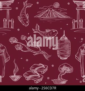 Japanische Kultursymbole und Zeichen nahtlose Mustervektor. Torii Tore und Architektur Asiens. Sakura Zeichnung, Blüte der Kirschblüte. Traditionelle Kleidung, Kimono und Schuhe. Fuji und Sonnenuntergang. Japanische Kultursymbole und Zeichen nahtlose Mustervektor Stock Vektor