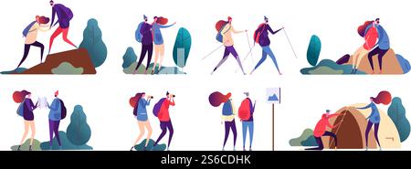 Menschen wandern. Junge Paare reisen zusammen. Glückliche Familie, Touristen beim Camping und Wandern in der Natur. Vektor-Camper-Charaktere im Freien. Abenteuer Urlaub, Wandern und Erholung Outdoor Illustration. Menschen wandern. Junge Paare reisen zusammen. Glückliche Familie, Touristen beim Camping und Wandern in der Natur. Vektor-Camper-Charaktere im Freien Stock Vektor