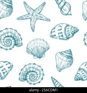 Nahtloses Muschelmuster. Meeresmuschel, sommerliche Ozeanstruktur. Nautische Seesterne wiederholen Vektor Vintage Sketch Hintergrund. Illustration des Hintergrunds der Muschelzeichnung. Nahtloses Muschelmuster. Meeresmuschel, sommerliche Ozeanstruktur. Nautische Seesterne wiederholen Vektor Vintage Sketch Hintergrund Stock Vektor