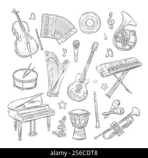 Musikinstrumente kritzeln. Schlagzeug Flöte Synthesizer Akkordeon Gitarre Mikrofon Klavier Musiknoten Retro Hand gezeichnet Skizze Vektor Set. Illustration von Trommel und Klavier, Mikrofon und Akkordeon. Musikinstrumente kritzeln. Schlagzeug Flöte Synthesizer Akkordeon Gitarre Mikrofon Klavier Musiknoten Retro Hand gezeichnet Skizze Vektor Set Stock Vektor