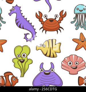 Seepferd und Krabben Quallen und Algen Cartoon nette Zeichen Vektor nahtlose Muster mit lächelnden Tieren Meeresbewohner Seastar, und Muscheln Krake Pferd in Robbe mit Dornen Reihe auf Rücken. Seepferdchen- und Krabbenquallen und Algen-Zeichentrickfilm mit niedlichen Charakteren Stock Vektor