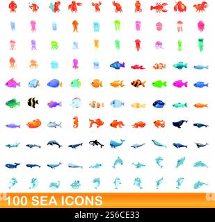 100 SEA-Symbole gesetzt. Zeichentrickillustration von 100 Meer-Ikonen Vektor-Set isoliert auf weißem Hintergrund. 100 Ikonen im Meer, Cartoon-Stil Stock Vektor