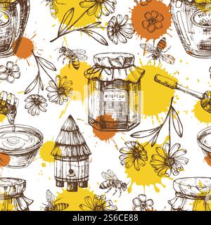 Vektor-Honig nahtloses Muster mit Tropfen, Blumen, Honiggläsern. Illustration des nahtlosen Musters Bienenstock und Honig. Vektor-Honig nahtloses Muster mit Tropfen, Blumen, Honiggläsern Stock Vektor