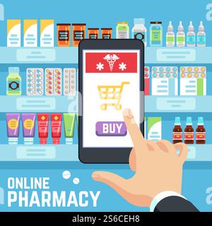 Online-Apotheken-Vektorkonzept. Käufer wählen und kaufen Medikamente und Medikamente auf dem Handy-Bildschirm. Illustration der Apotheke medizinische App, Drogeriemarkt pharmazeutisch online. Online-Apotheken-Vektorkonzept. Käufer wählen und kaufen Medikamente und Medikamente auf dem Handy-Bildschirm Stock Vektor