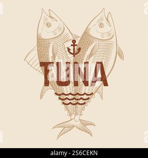 Meeresfrüchte Restaurant oder Café Vektor Banner Vorlage mit handgezeichneter Gravur Thunfisch. Vintage Thunfisch Hintergrund. Illustration von Thunfisch mit Meeresfrüchten, Gravur Emblem. Meeresfrüchte Restaurant oder Café Vektor Banner Vorlage mit handgezeichneter Gravur Thunfisch. Vintage Thunfisch Hintergrund Stock Vektor