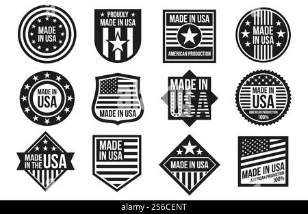 Schwarz-weiß Made in USA Abzeichen, Banner und Etiketten Vektor isoliert auf weißem Hintergrund. USA-Emblem, Illustration zur Herstellung der amerikanischen Produktindustrie. Schwarz-weiß Made in USA Abzeichen, Banner und Etiketten Vektor isoliert auf weißem Hintergrund Stock Vektor