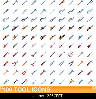 100 Werkzeugsymbole eingestellt. Zeichentrickdarstellung von 100 Werkzeug-Symbolen Vektorsatz isoliert auf weißem Hintergrund. 100 Toolsymbole, Zeichentrickstil Stock Vektor