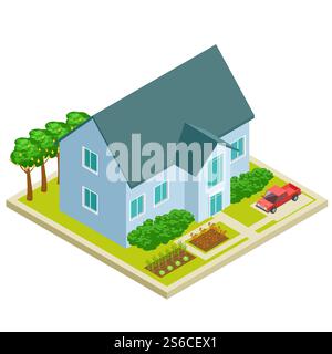 Landhaus mit Gemüse- und Obstgarten isometrischem Vectodesign. Isometrisches Landhaus, Landwirtschaft im Freien, Ackerland Illustration. Landhaus mit Gemüse- und Obstgarten isometrischem Vectodesign Stock Vektor