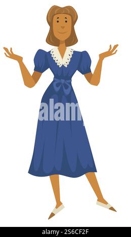 1940er Jahre Mode Stil, Frau im Kleid mit Spitzenhals, 40er Jahre Kleidung Design Vektor. Weibliche Figur in Vintage-Kleidung, Schleifengürtel und Hausschuhen. Altmodisches Outfit, Mädchen mit Retro-Frisur. Vintage 1940er Jahre Mode, Frau im Kleid mit Spitzenausschnitt Stock Vektor