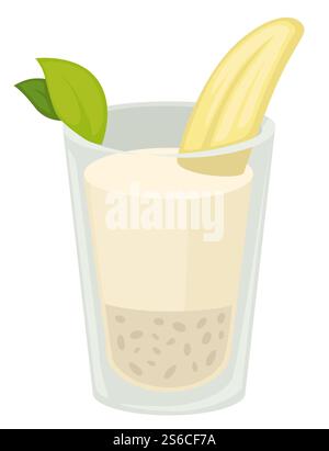 Tropische Frucht Zutat Bananenmilkshake isoliertes Protein Getränk Vektor Tagebuch Produkt gemischte Milch Eis und exotischen Geschmack im Glas, mit Minzblättern Getränk oder Sommer Erfrischungscocktail. Bananenmilkshake isoliertes Proteingetränk tropische Fruchtzutat Stock Vektor