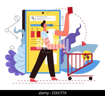 Mobile App, Online-Shopping, Lieferservice, Smartphone-Vektor. Mann hält einen Wagen mit Waren, Tags auf dem Bildschirm, Zahlung von Nahrungsmitteln im Internet. E-Commerce-Kunde, Kauf oder Kauf, mobiles Gadget, Internet. Mann mit Pushcart, Online-Shopping und -Lieferung, Smartphone-App Stock Vektor