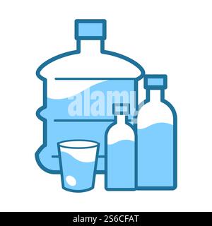 Wasser Gallone, Flasche und Tasse, Plastik und Flüssigkeit, reines Getränk isolierter Icon Vektor. Mineralgetränk im Behälter für Kühler, Verpackungen und Geschirr, Erfrischung. Lieferservice, versiegelte Verpackungen. Sauberes Mineralwasser in Gallone und Flasche oder Tasse, reines Getränk Stock Vektor