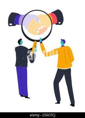 Männer und Lupe, Hände halten, geschäftliche professionelle Beziehung isolierte Icon Vektor. Männliche Charaktere in Anzügen handeln, Vertrag unterzeichnen. Finanzen und Handel, Zusammenarbeit und Zusammenarbeit. Handelssymbol, Männer und Lupe, Geschäftsbeziehung Stock Vektor
