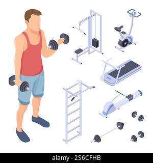 Trainer und Fitnessgeräte. Isometrische Sportelemente. Vektorsport-Mann-Training. Illustration der Trainingsfähigkeit, des Gewichts und der Geräte im Fitnessstudio. Trainer und Fitnessgeräte. Isometrische Sportelemente. Vektorsport-Mann-Training Stock Vektor