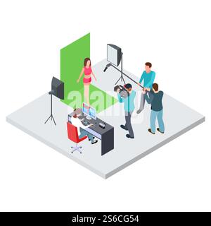 Isometrisches Film- oder Blogging-Vektorkonzept. Weibliches Modell auf Chromakey, Videografin, Regisseur, der Film macht. Kameraausrüstung und professioneller Videofilmer machen Vlog-Film-Illustration. Isometrisches Film- oder Blogging-Vektorkonzept. Weibliches Modell auf Chromakey, Videografin, Regisseur, der Film macht Stock Vektor