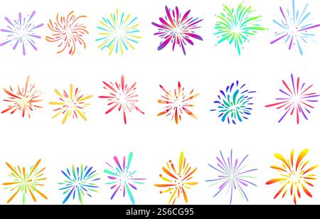 Feuerwerk-Symbole gesetzt. Zeichentricksatz von Feuerwerk-Vektorsymbolen für Webdesign. Feuerwerk-Symbole gesetzt, Zeichentrickstil Stock Vektor