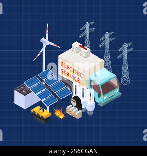 Isometrische Zusammensetzung des elektrischen Versorgungsvektors mit Energiesicherheitselementen. Abbildung: Energie, Elektrik 3d. Isometrische Zusammensetzung des elektrischen Versorgungsvektors mit Energiesicherheitselementen Stock Vektor