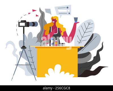Beauty Blogger, Internet-Beruf oder Hobby, Mädchen und Kosmetik Vektor. Frau, die Cremes und Lotionen auf Videokamera zeigt, Vlog. Web-Blogging, Online-Massenmedien und -Unterhaltung, Make-up-Ratschläge. Internet-Beruf oder Hobby, Beauty-Blogger, Mädchen und Kosmetik Stock Vektor