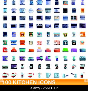 100 Küchen-Icons Set. Zeichentrickillustration von 100 Küchen-Icons Vektor-Set isoliert auf weißem Hintergrund. 100 Küchen-Ikonen im Zeichentrickstil Stock Vektor