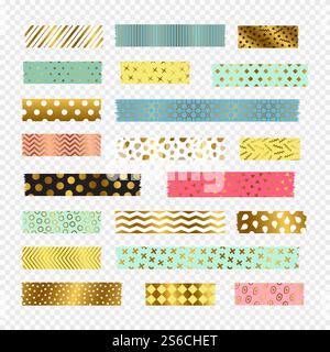 Bunte, goldene Washi-Streifen, Vektor-Scrapbook-Elemente. Aufklebermuster aufgerissener Klebstoff, Washi-Etikett-Illustration mit Klebeband. Bunte, goldene Washi-Streifen, Vektor-Scrapbook-Elemente Stock Vektor