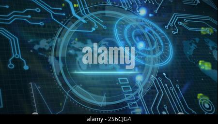 Abbildung: Computerplatine und Scope-Scan über Cyber-Sicherheit mit Vorhängeschloss-Symbol Stockfoto
