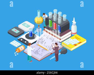 Isometrisches Wissenschaftslabor. Vektormedizinisches Forschungskonzept. Pharmaindustrie, Arzneimittelentwicklung. Illustration pharmazeutische Chemie, isometrische medizinische Forschung. Isometrisches Wissenschaftslabor. Vektormedizinisches Forschungskonzept. Pharmaindustrie, Arzneimittelentwicklung Stock Vektor