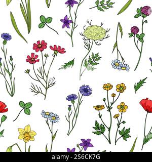Nahtloses Muster mit Wildblumen. Vintage-Tapete mit Wildblumen und Blumenmuster. Sommer, Frühling botanische Textil Vektor Textur. Illustration von Blumen Frühling, Sommer Textur Blumen. Nahtloses Muster mit Wildblumen. Vintage-Tapete mit Wildblumen und Blumenmuster. Sommer, Frühling botanische Textil Vektor Textur Stock Vektor