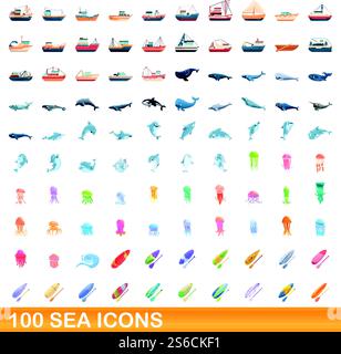 100 SEA-Symbole gesetzt. Zeichentrickillustration von 100 Meer-Ikonen Vektor-Set isoliert auf weißem Hintergrund. 100 Ikonen im Meer, Cartoon-Stil Stock Vektor