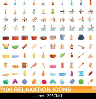 100 Symbole zur Entspannung. Zeichentrickillustration von 100 Relaxationssymbolen Vektor auf weißem Hintergrund lokalisiert. 100 Entspannungssymbole, Zeichentrickstil Stock Vektor